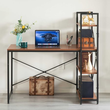 Basicwise Wood and Metal Industrial Home Office Computer Desk with Bookshelves, Cherry QI003993.CR